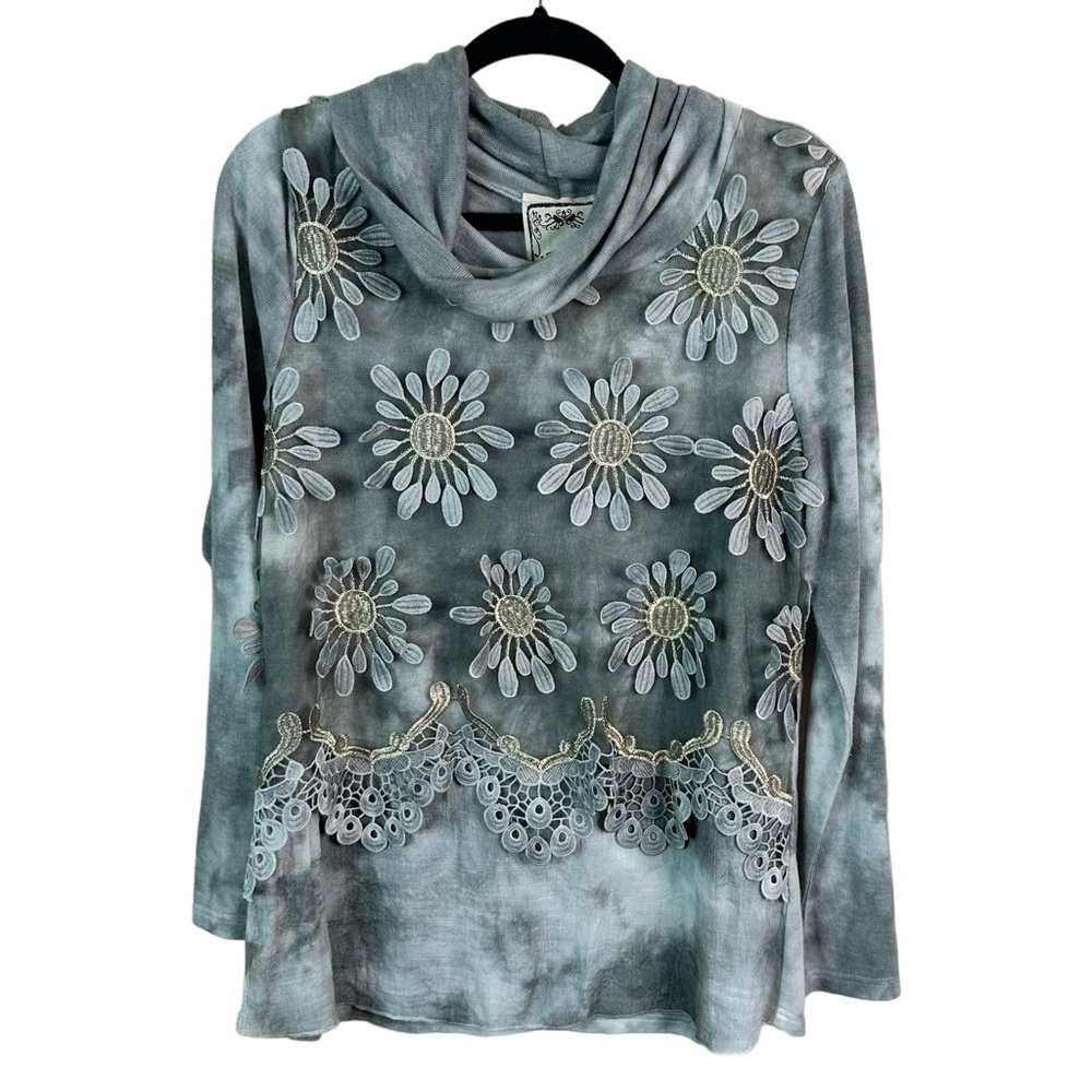 VINTAGE CONCEPT GRAY COWL NECK FLORAL EMBROIDERED TIE DYE SWEATER SIZE MEDIUM